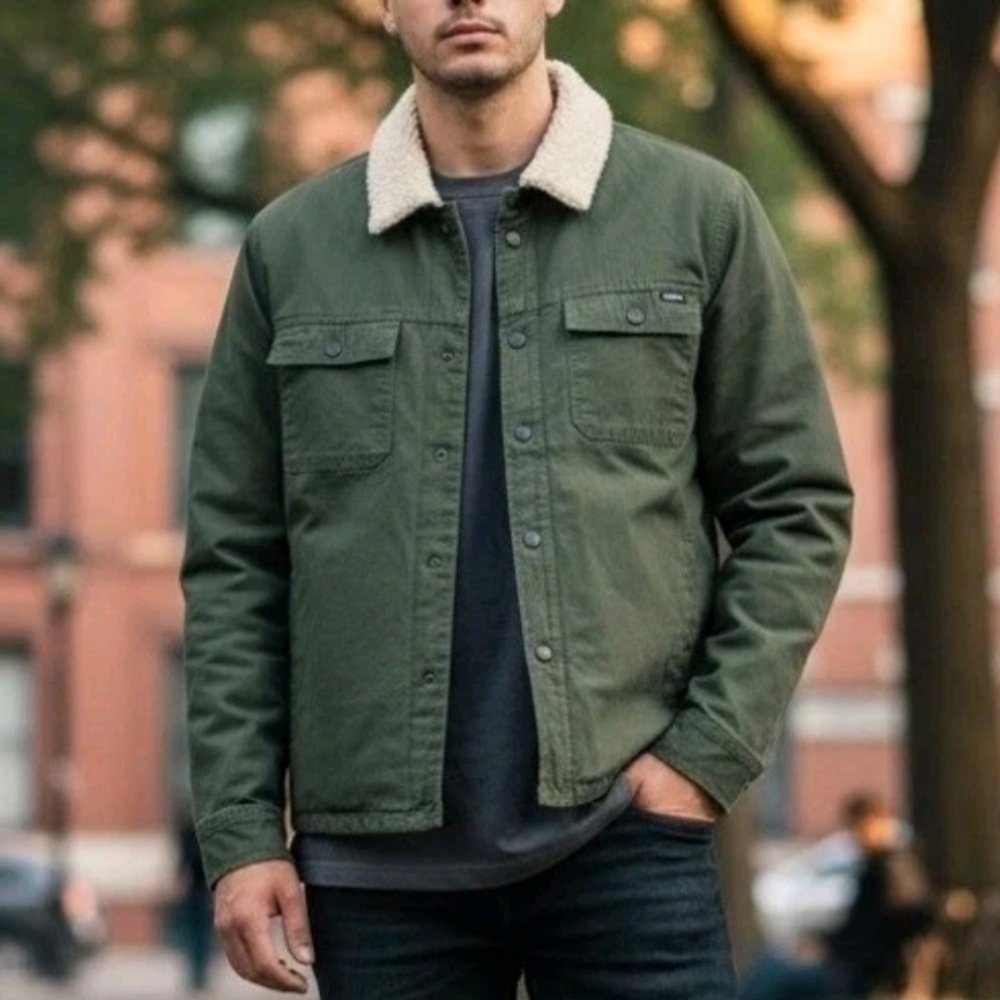 Mens RVCA Canvas Army Green Sherpa Collar Button Down Range Shirt Jacket
